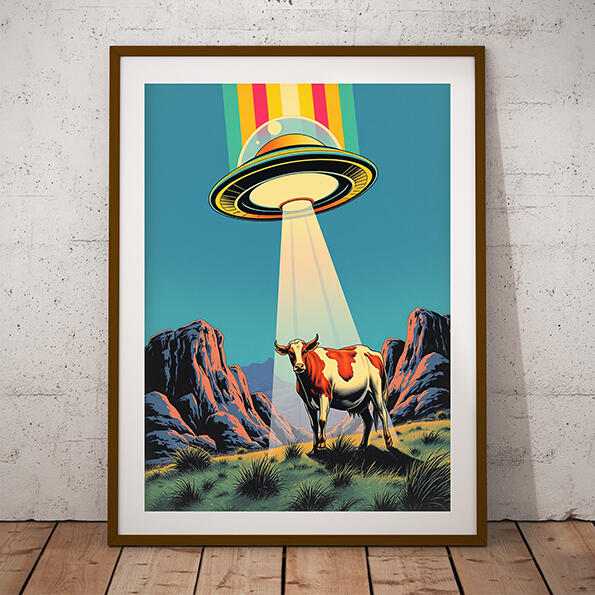 Cow Alien Abduction Retro Poster