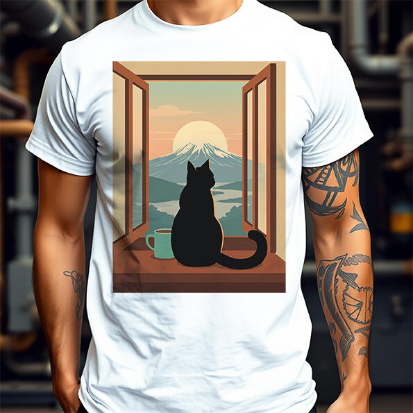 Cat With Coffee and Mt Fuji T-Shirt